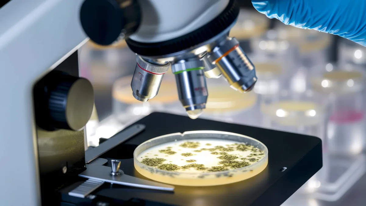 Varias placas de Petri con cultivos celulares vistas a traves del objetivo del microscopio.