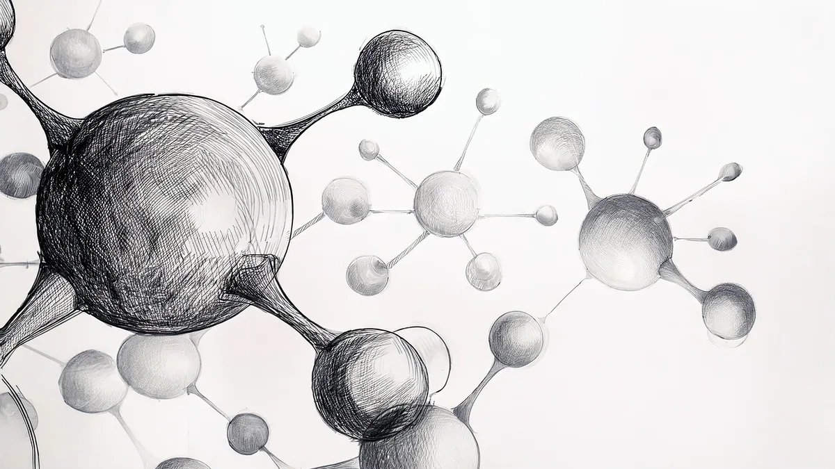 Un dibujo a lapiz de un atomo con orbitales sobre papel cuadriculado.
