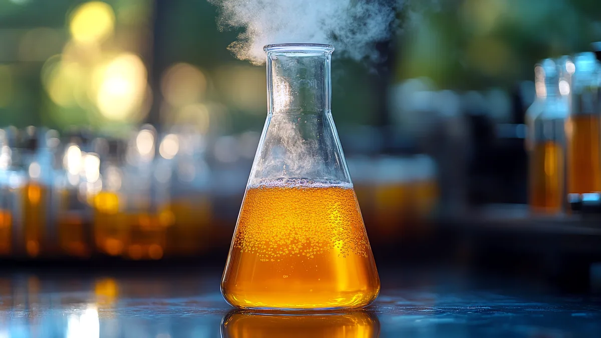 Un matraz de ensayo con un liquido que hierve y libera burbujas de vapor.