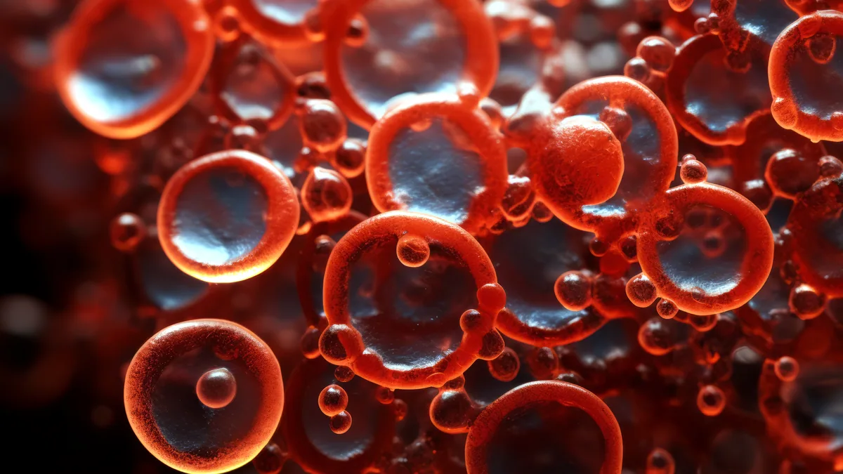 Globulos rojos de forma circular observados bajo el lente de un microscopio clinico.