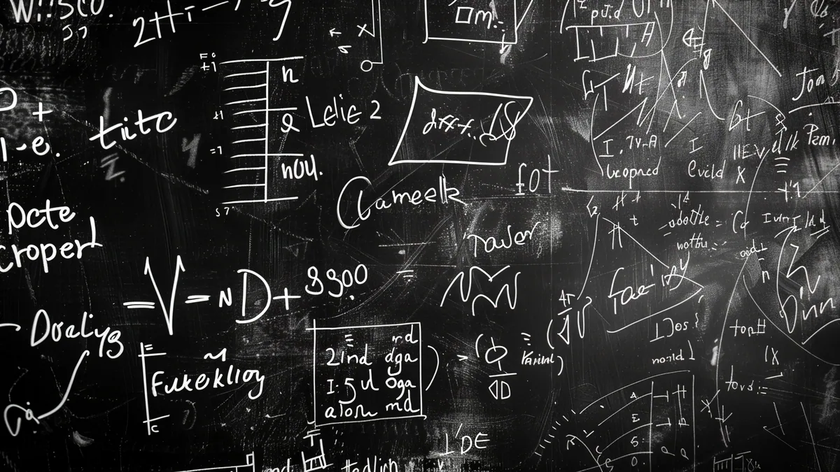 Un tablero negro con ecuaciones y formulas escritas en tiza blanca.