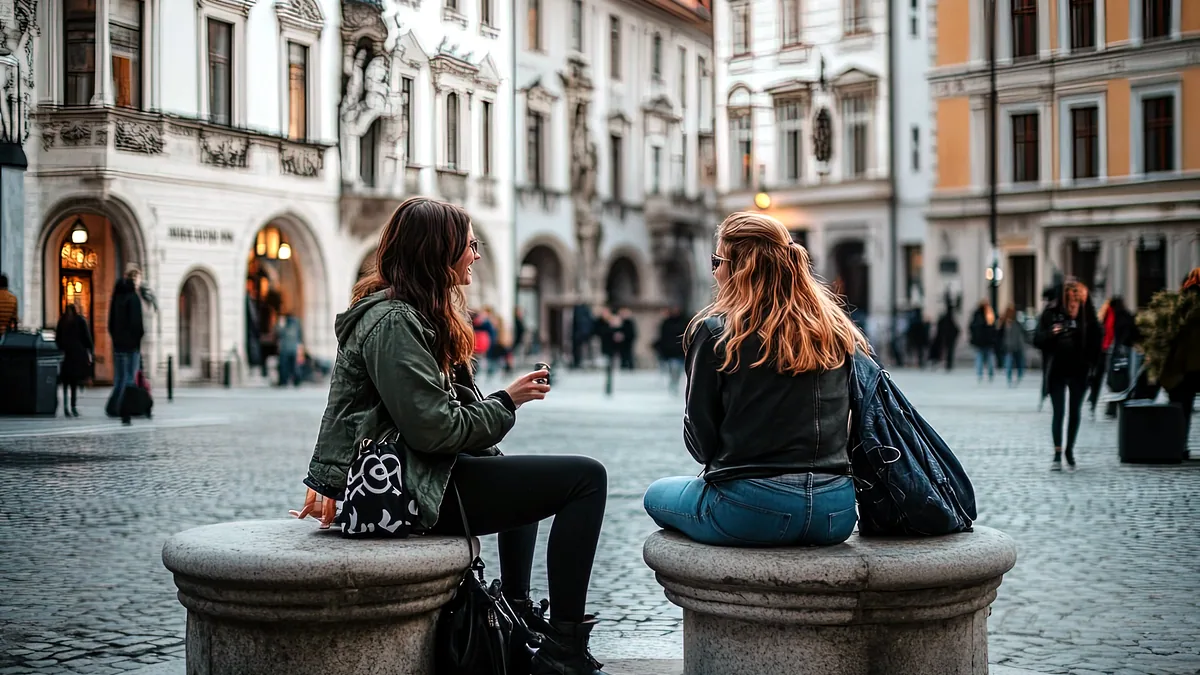 Un grupo de personas conversando en una plaza urbana con edificios de fondo.