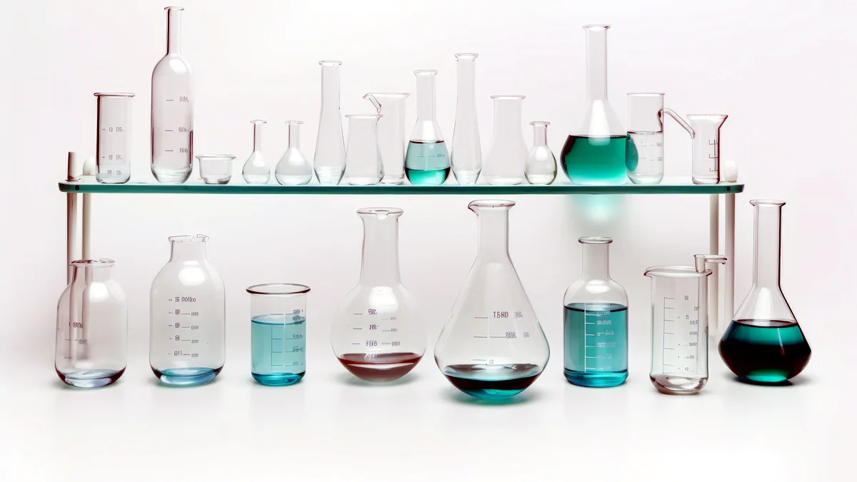 Una mesa de trabajo con probetas, lupas y herramientas de laboratorio variadas.
